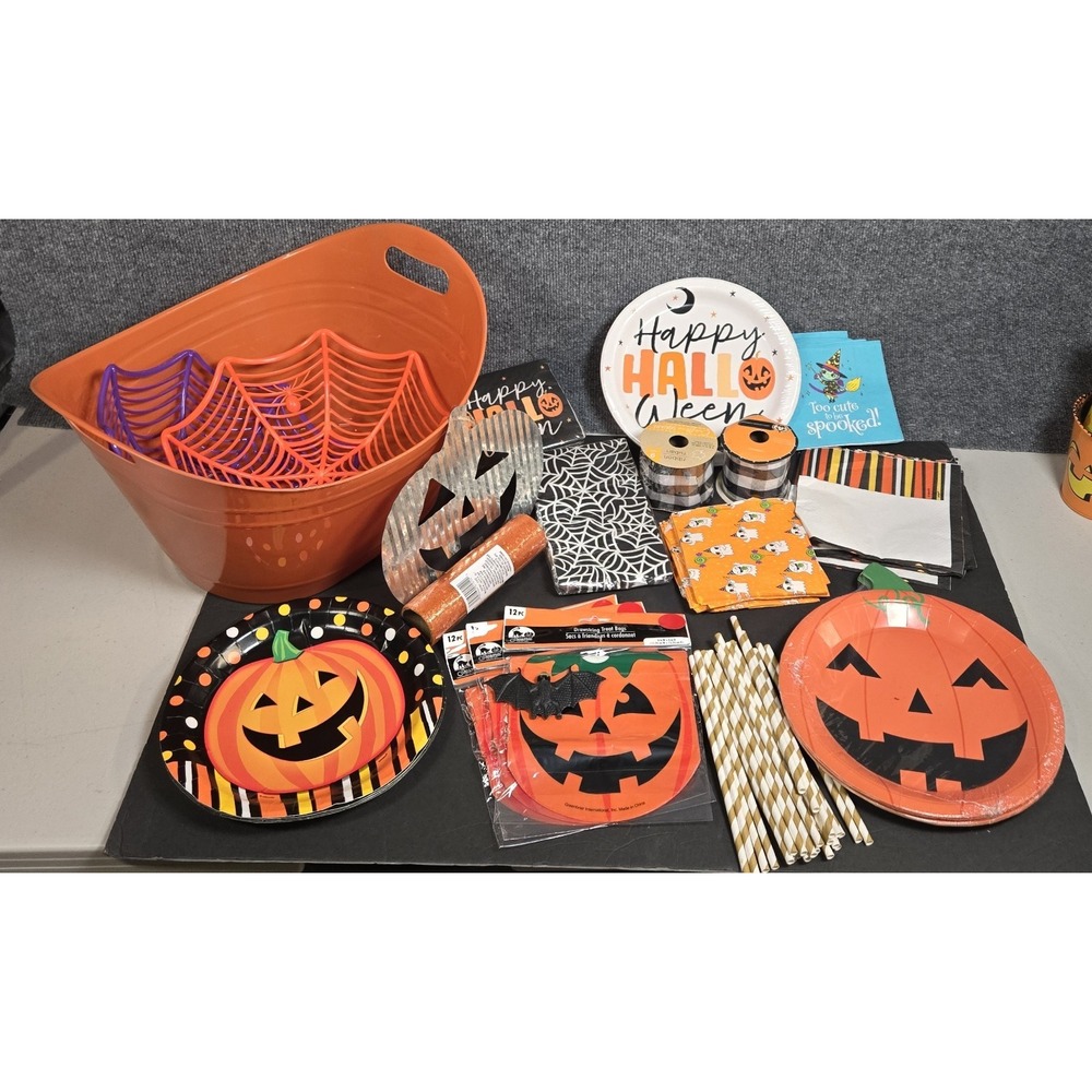 Huge Halloween Decorations Lot Pumpkin Party Decor Lights Plates Ribbons